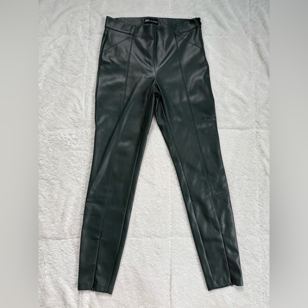 Zara Faux Leather Dark Green women’s Flat Front Pants Size Medium